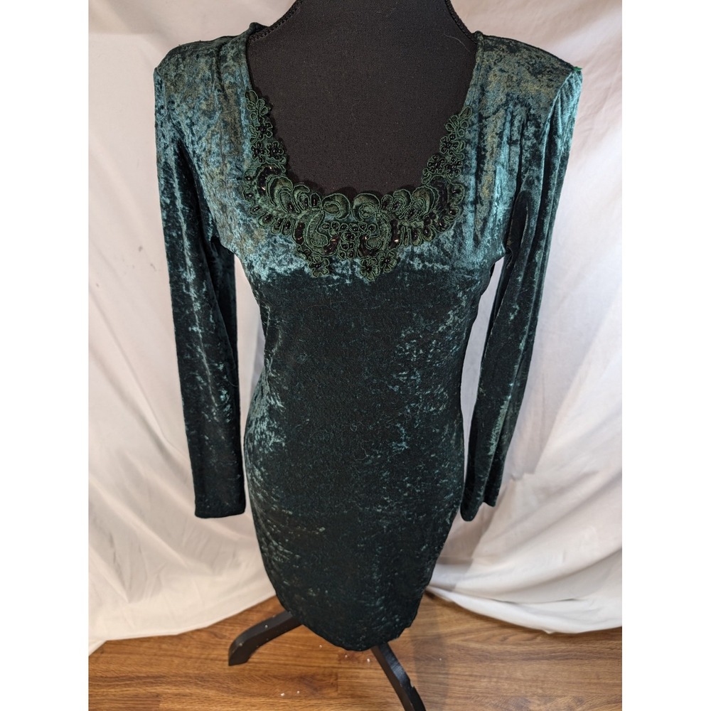 Vtg Green Crushed Velvet Bodycon Dress Long Sleeve 90s Grunge Whimsigoth Fairy M